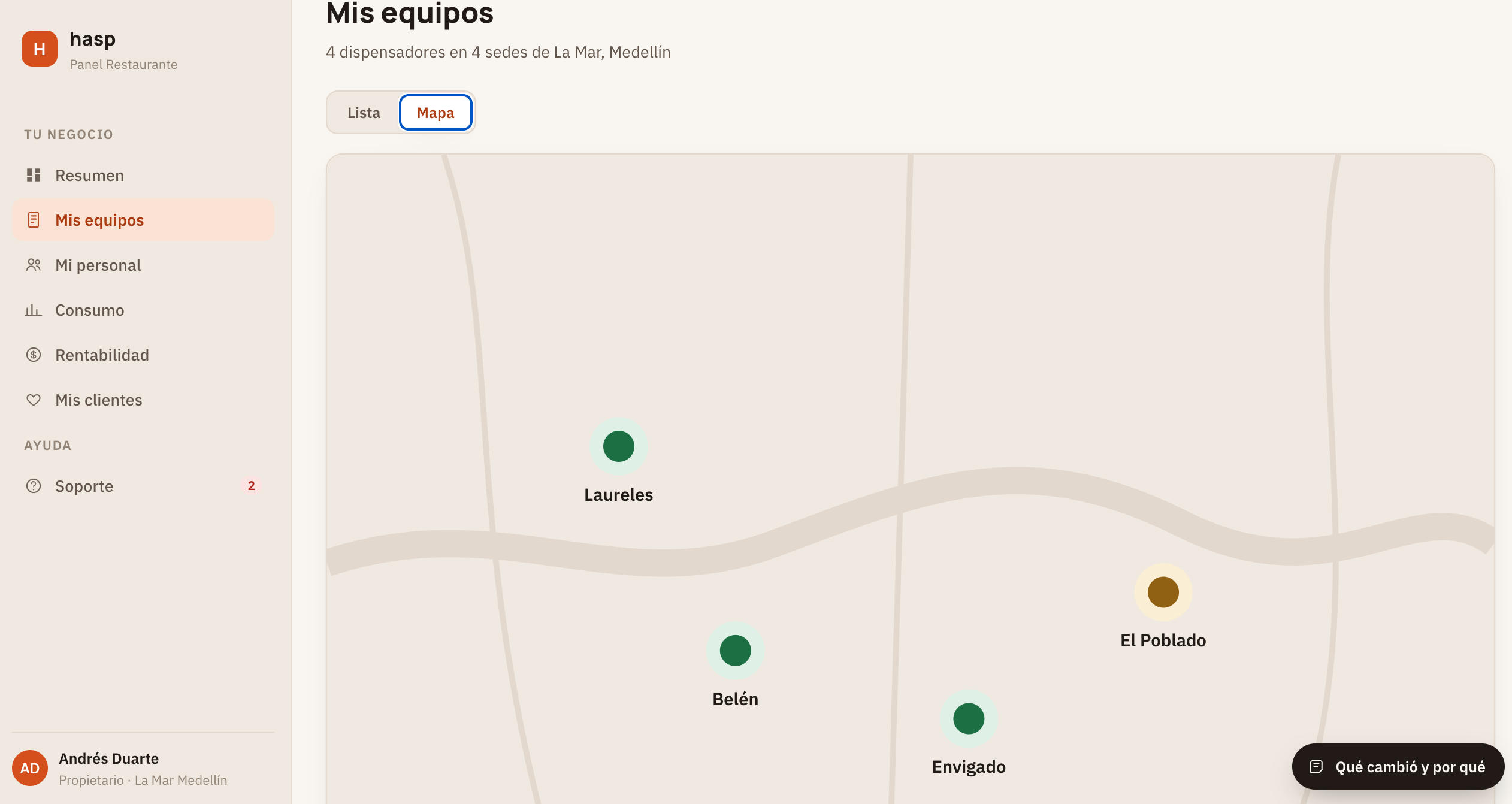 Vista de equipos y mapa de ubicaciones en HASP Cloud